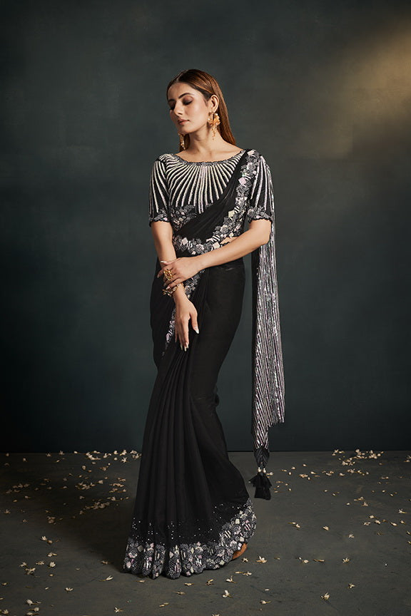 HOT Belt Saree Party Wear Black Saree Party Wear With Belt With