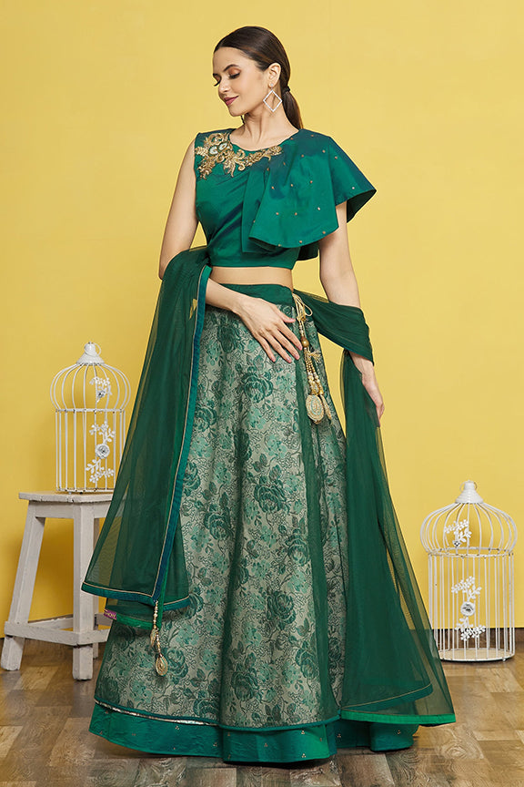 Green Jacquard Silk Embroidered Stitched Lehenga Choli with Dupatta