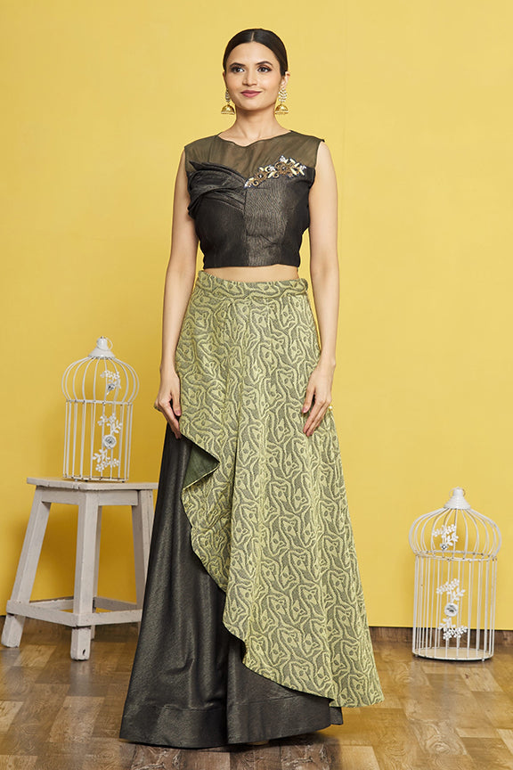 Olive Green Fancy Velvet Embroidered Stitched Lehenga Choli with Dupatta