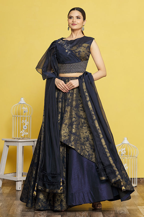 Navy Blue Taffera silk Embroidered Stitched Lehenga Choli with Dupatta