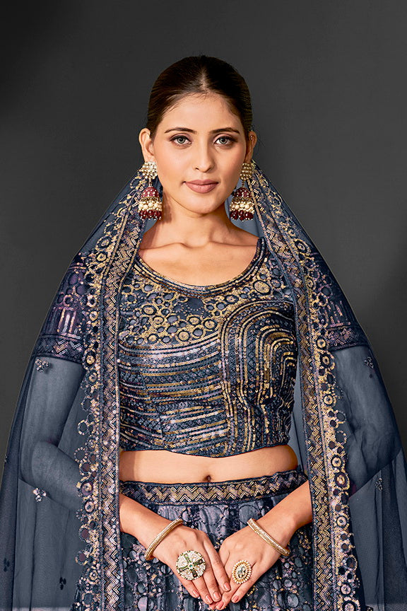 Blue Net Embroidered Semi Stitched Lehenga Choli