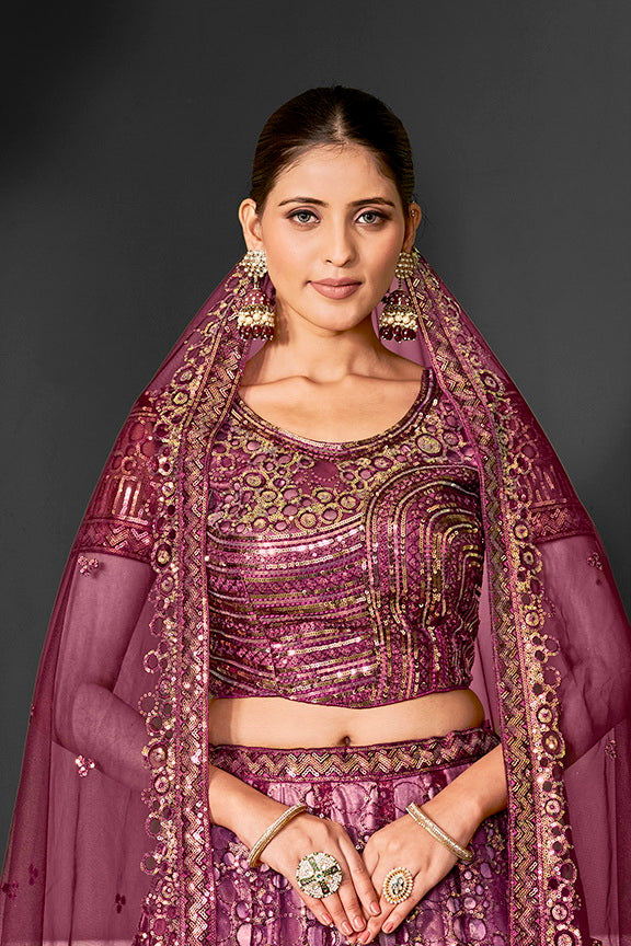 Wine Net Embroidered Semi Stitched Lehenga Choli