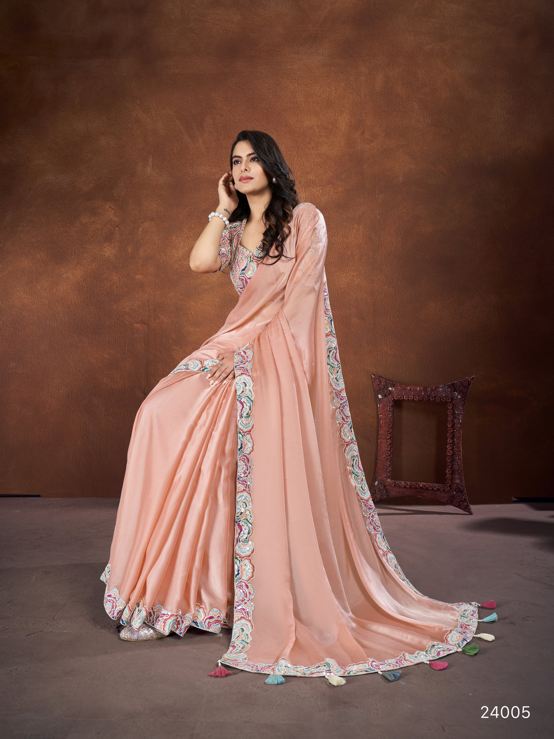 Peach Crepe Satin Silk Embroidered Saree with stitched Blouse