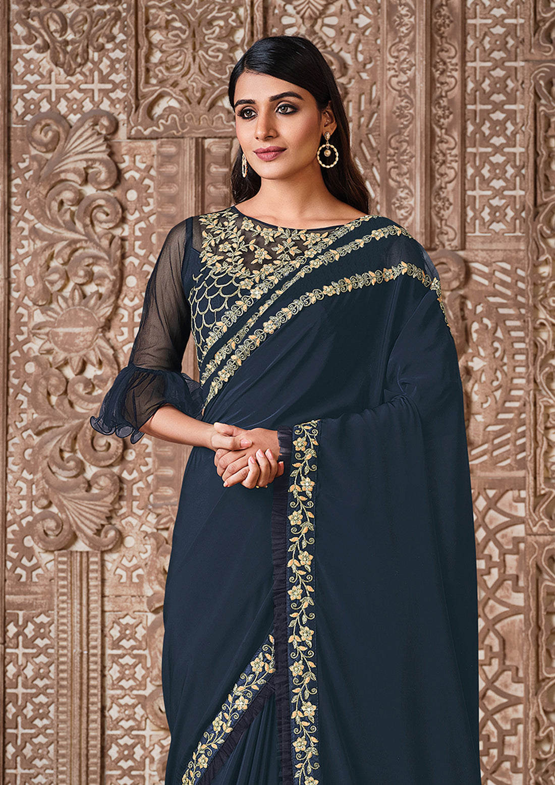 Blue Silk Georgette Embroidered Saree with Unstitched Blouse