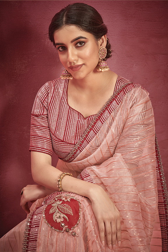 Peach Organza Embroidered Saree with Stitched Blouse