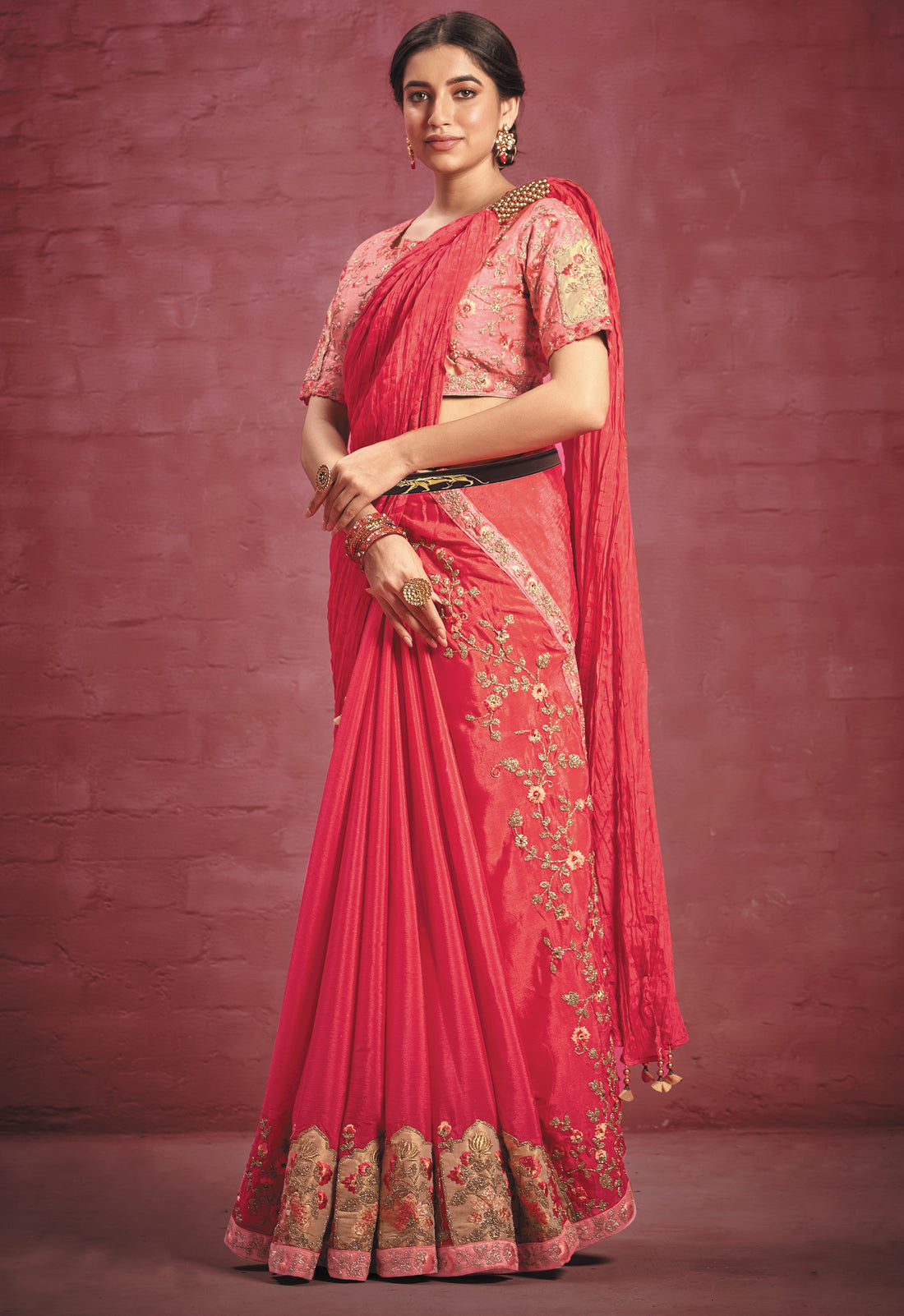 Pink Silk Crepe Embroidered Ready to Wear Saree with Stitched Blouse