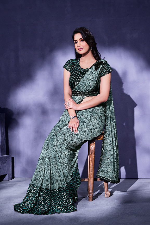 Green Chiffon Lycra Embroidered Ready to wear Saree with Stitched Blouse