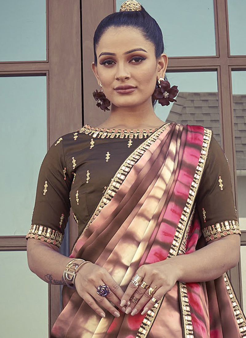 Brown Silk Satin Crepe Embroidered Ready to wear Saree with Stitched Blouse