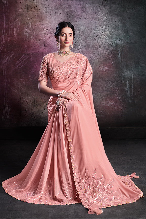 Peach Shimmer Crepe Silk Embroidered Saree with Unstitched Blouse