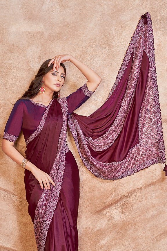 Wine Satin Silk Embroidered Saree with Stitched Blouse