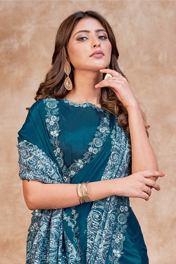 Blue Satin Silk Embroidered Saree with Stitched Blouse