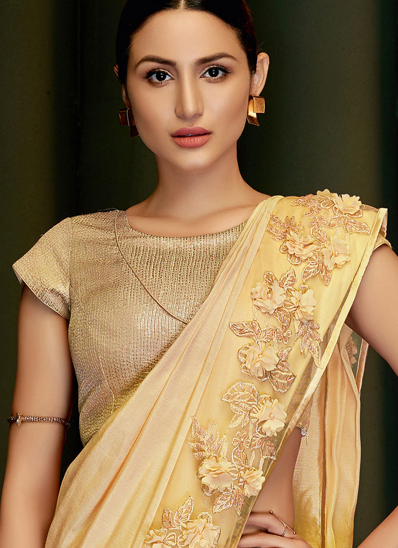 Beige Silk Georgette Embroidered Ready to wear Saree with Stitched Blouse