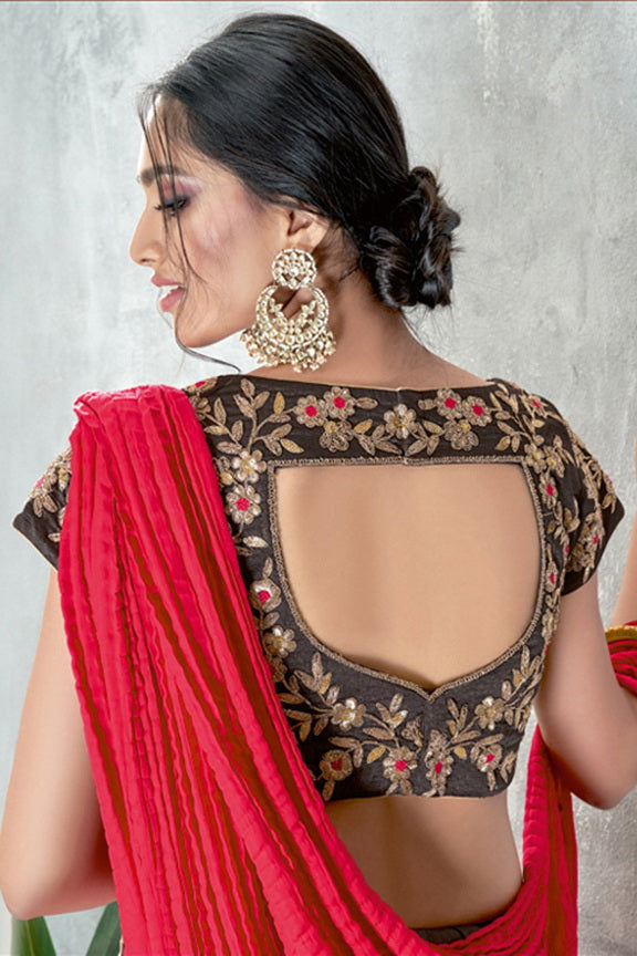 Red Crush Silk Embroidered Ready to wear Saree with Stitched Blouse