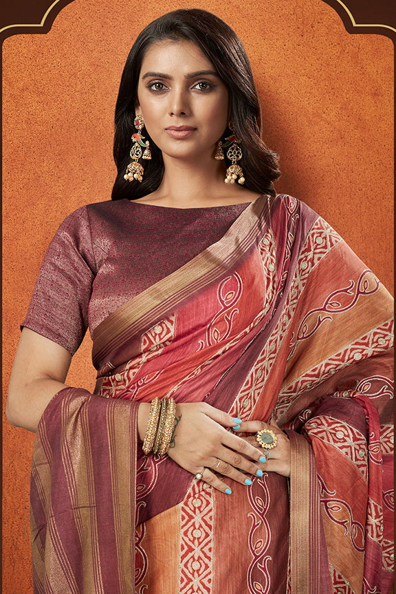 Brown Silk Woven Saree with unstitched Blouse