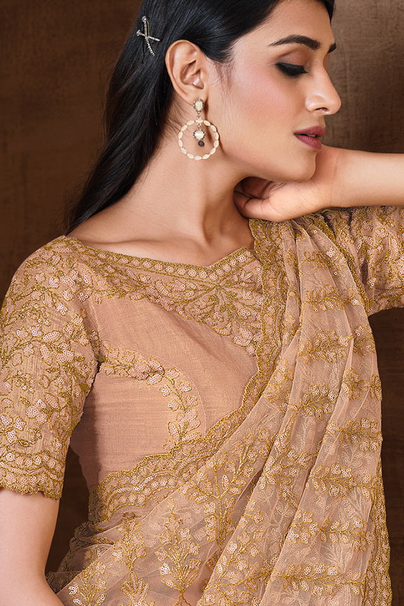 Peach Net Embroidered Saree with Unstitched Blouse