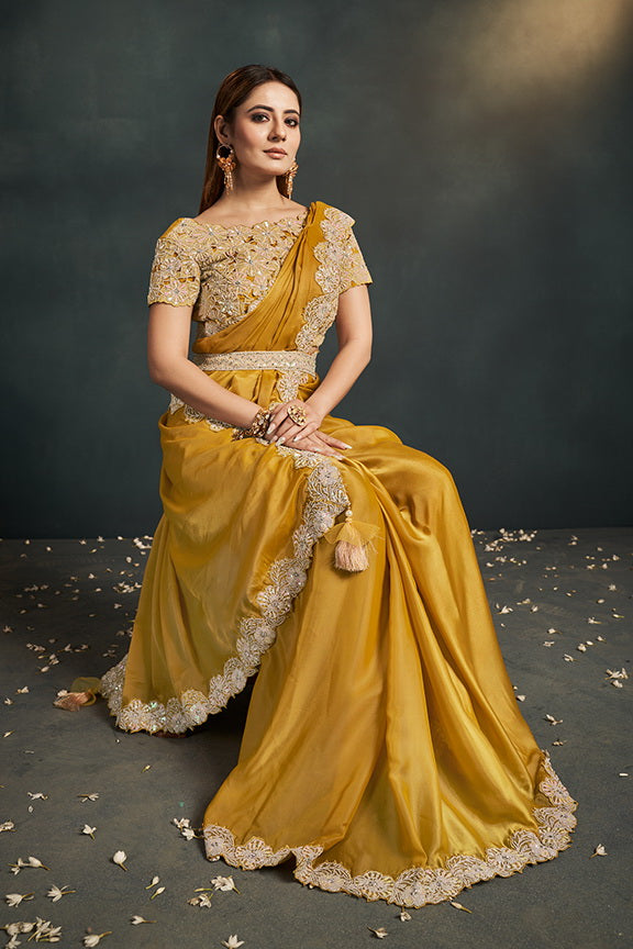 Mustard Organza Silk Ready to Wear Designer Saree with Stitched Blouse