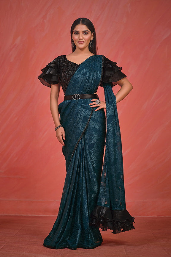 Blue Georgette Designer Ready to Wear Saree with Stitched Blouse