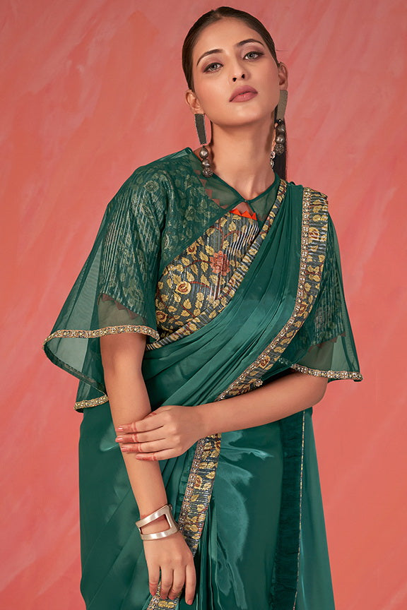 Green Silk Satin Digital Print Ready to wear Saree with Stitched Blouse