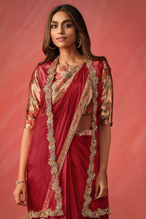 Maroon Satin Silk Digital Print Ready to wear Saree with Stitched Blouse