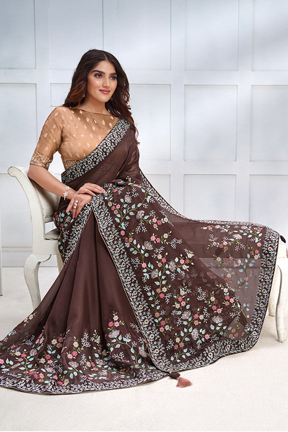 Brown Georgette Silk Sequence Embroidered Saree with Unstitched Blouse