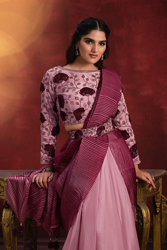 Wine Satin Silk Texture Pallu  Saree with Stitched Blouse