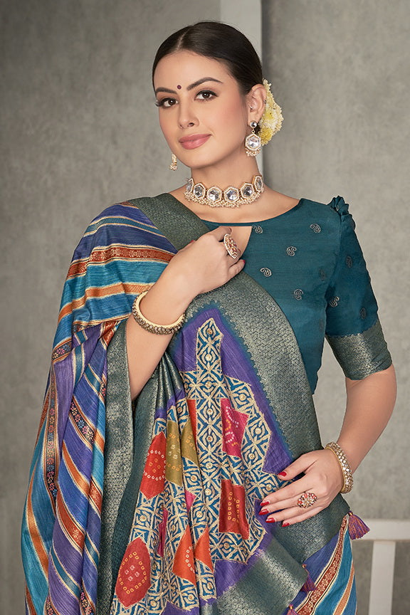 Blue Tussar Silk Laheriya Design Saree with Unstitched Blouse