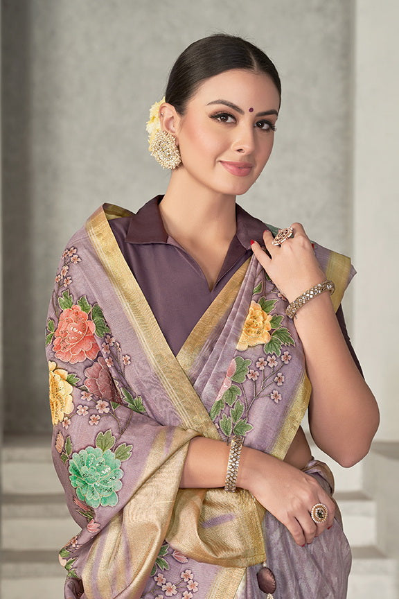 Purple Tussar Silk Embroidery Design Saree  with Unstitched Blouse