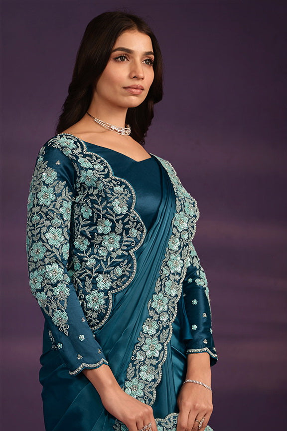 Blue Satin Silk Embroidered Ready to wear Saree with Stitched Blouse