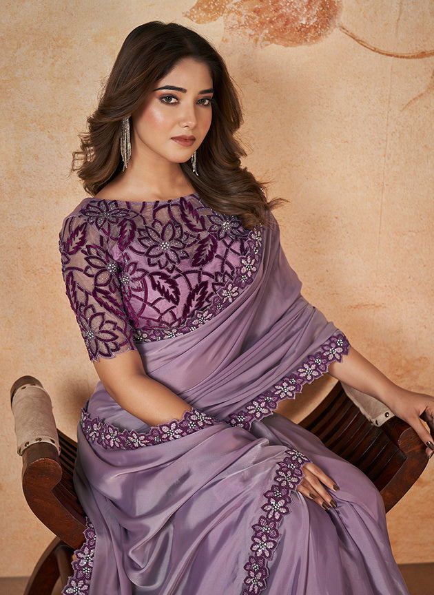 Purple Crepe Satin Silk Embroidered Saree with Unstitched Blouse