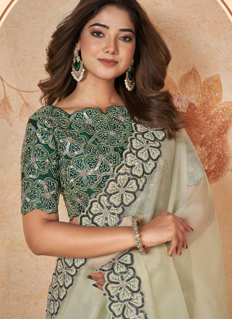 Light Green Net Organza Georgette Embroidered Saree with Unstitched Blouse