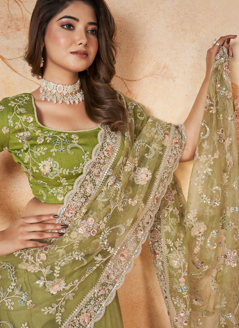 Green Net Embroidered Saree with Unstitched Blouse Piece