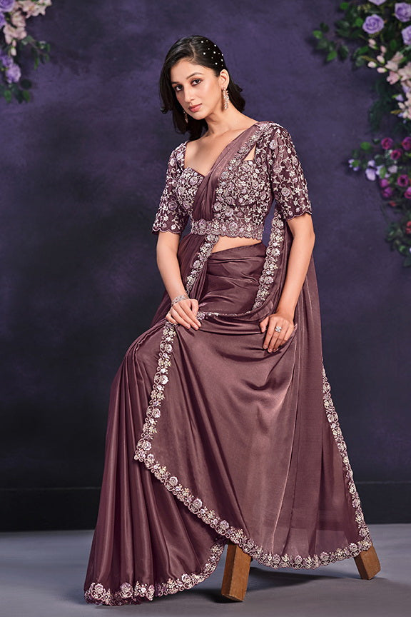 Brown Crape Satin Silk Embroidered Ready to Wear Saree with Stitched Blouse