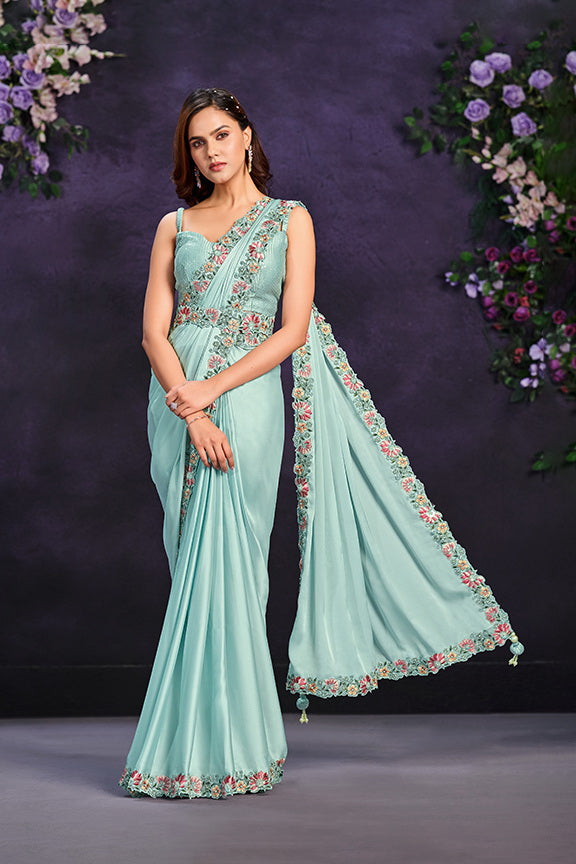 Aqua Blue Crepe Satin Silk Embroidered Ready to Wear Saree with Stitched Blouse