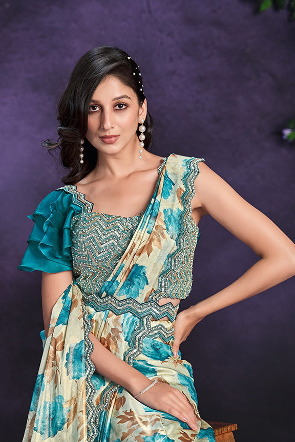 Beige & Blue Satin Silk Embroidered Ready to Wear Saree with Stitched Blouse