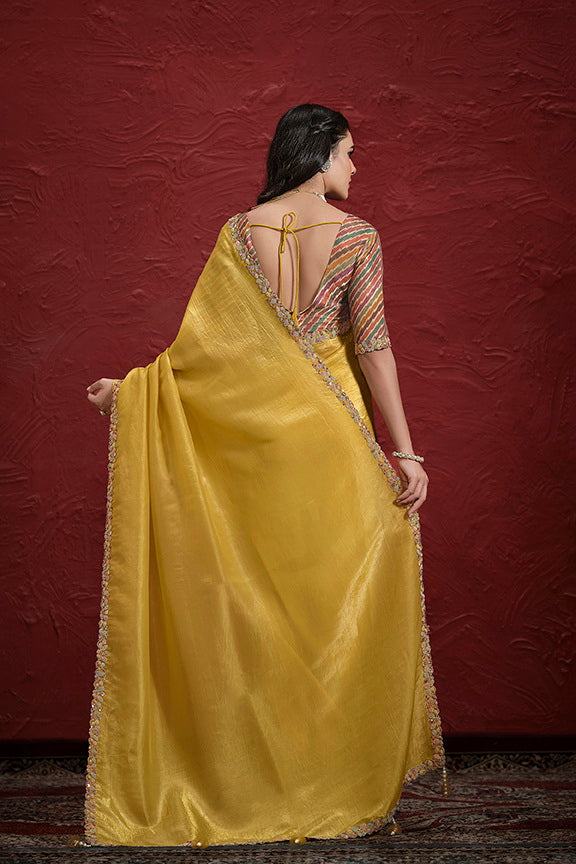 Mustard Crush Paper Silk Sequence with Handwork Saree with Stitched Blouse