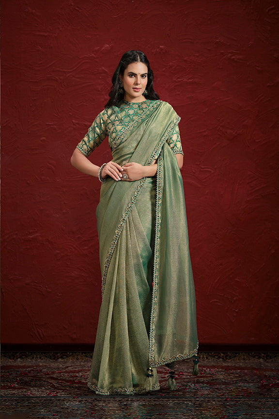 Green Pure Banarasi Jari pleat Sequence with Handwork Saree with Stitched Blouse