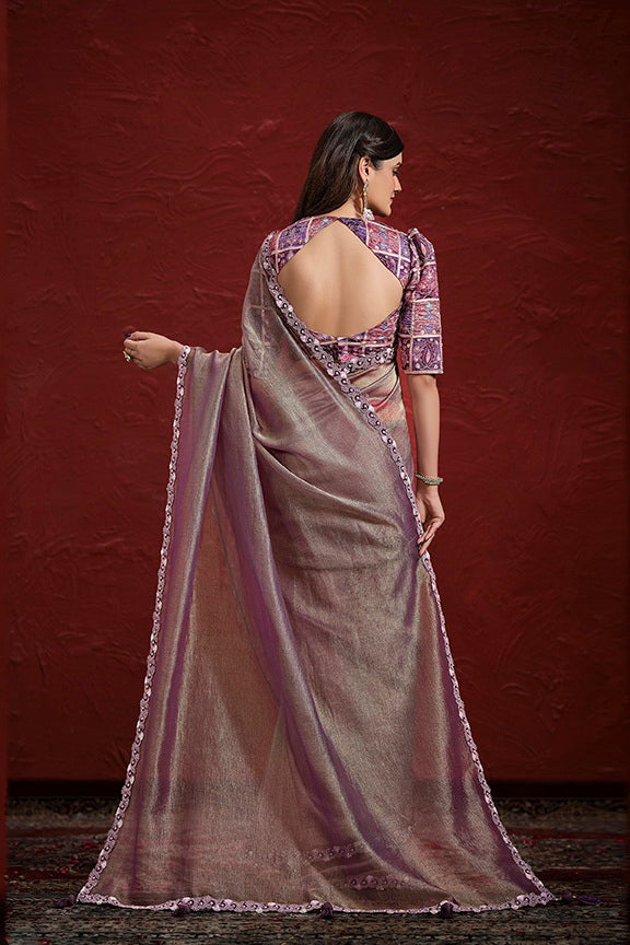 Purple Pure Banarasi Jari Crinkle Sequence with Handwork Saree with Stitched Blouse