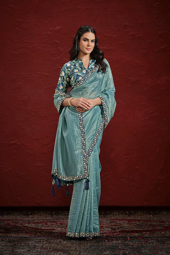 Sea Green Paper Silk Pleat Moti with Handwork Saree with Stitched Blouse