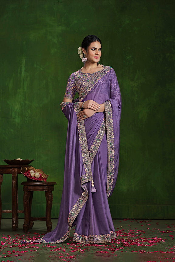 Lavendar Habotai Silk Dual Sequence with Handwork Saree with Stitched Blouse