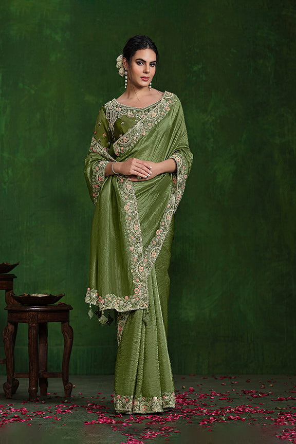 Green Crush Paper Silk Sequence with Diamond work Saree with Stitched Blouse