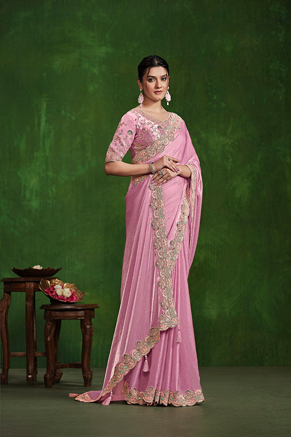 Pink 2 Tone Satin Silk Sequence with Handwork Saree with Stitched Blouse