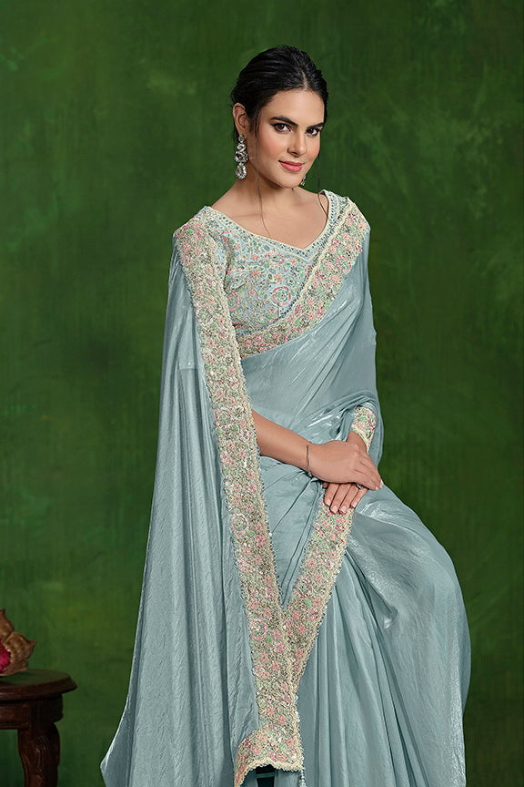 Sea Green 2 Tone Satin Silk Multi Sequence with Handwork Saree with Stitched Blouse