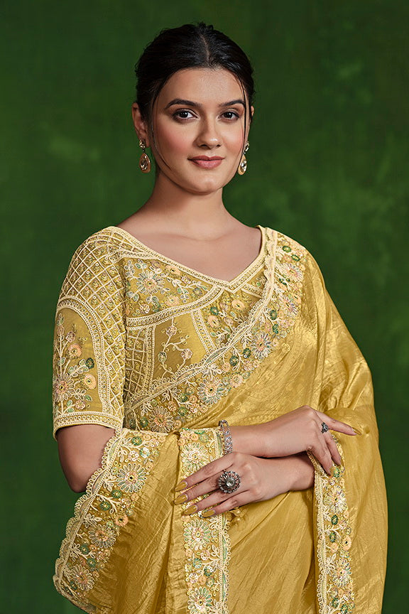 Mustard Crush Paper Silk Sequence with Handwork Saree with Stitched Blouse