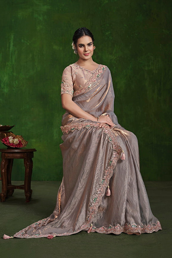 Peach 2 Tone Satin Silk Dual Sequence with Diamond work Saree with Stitched Blouse