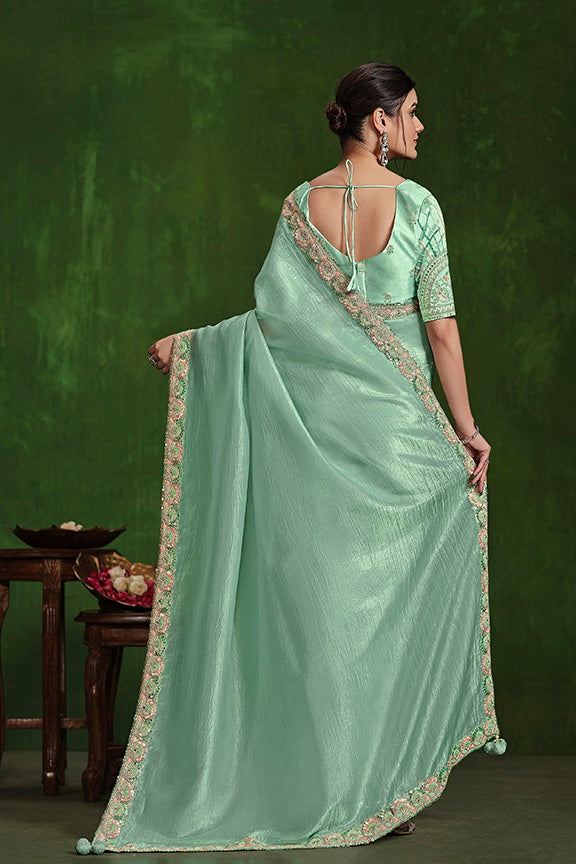 Aqua Blue Crush Paper Silk Sequence with Mirror work Saree with Stitched Blouse