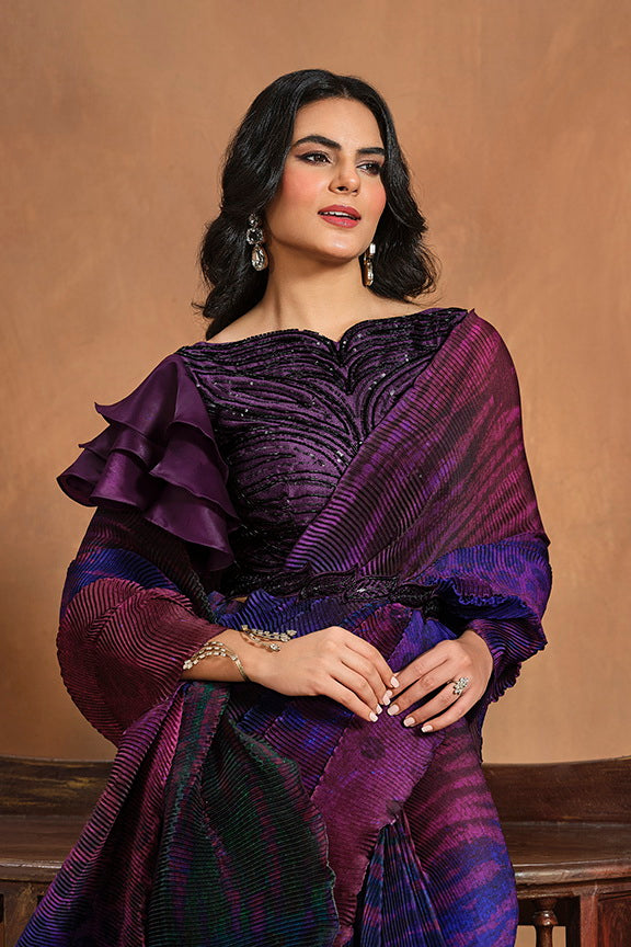 Purple Pure Satin Silk Pure Hand work Ready to wear Saree with Stitched Blouse