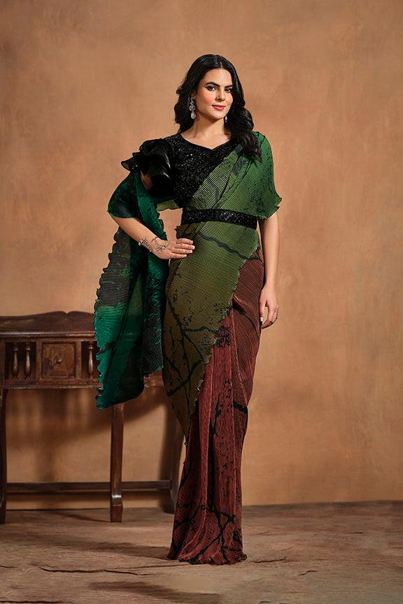 Green Pure Satin Silk Pure Hand work Ready to wear Saree with Stitched Blouse