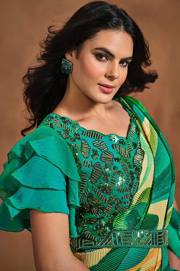 Green Pure Satin Silk Pure Hand work Ready to wear Saree with Stitched Blouse