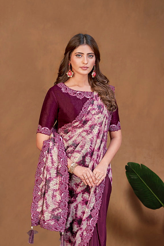 Wine Satin Crepe Silk Digital Sequence Ready to wear Saree with Stitched Blouse