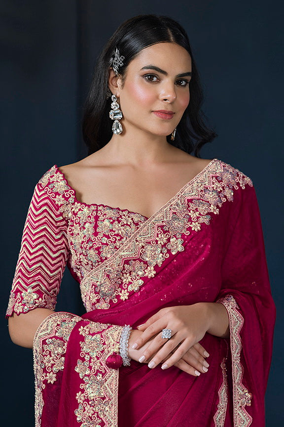 Pink Two Tone Satin Silk Sequins with Pure Handwork Saree with Unstitched Blouse